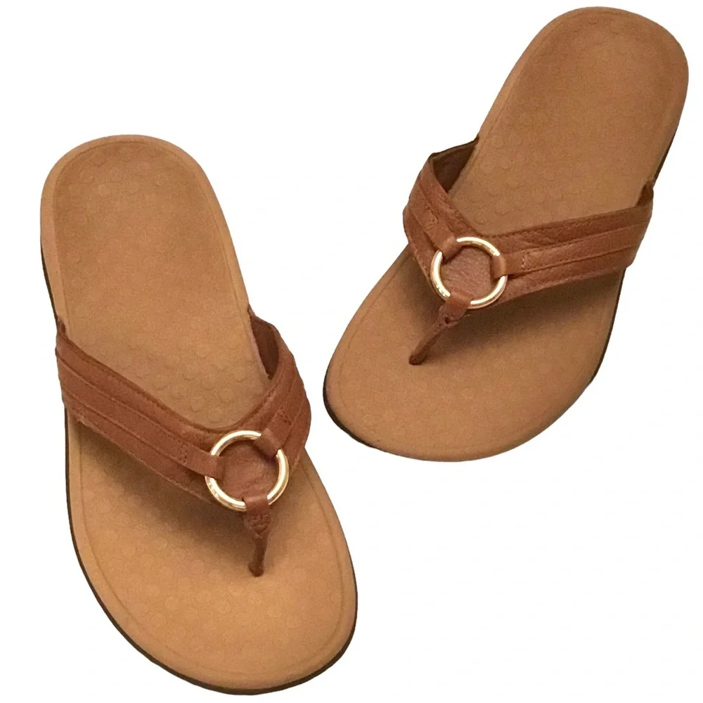 Vionic Tide Aloe Sandals Women’s 10 Brown Leather Strap Thong Toe-Post Flip Flop